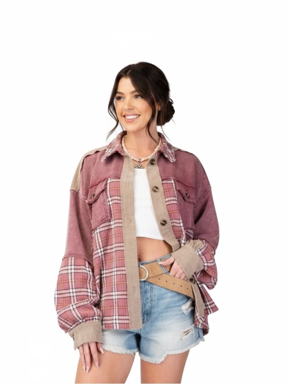 Easel Cotton corduroy mineral washed mixed burgundy tan plaid shacket size Larg